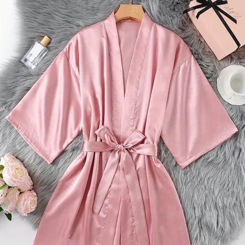 Γυναικείο Σέξι Σατέν Μπουρνούζι Kimono με Αίσθηση Μεταξιού V-λαιμόκοψη Νυχτικό με Δέσιμο στη Μέση Κοντή Πυτζάμα για Γυναίκες