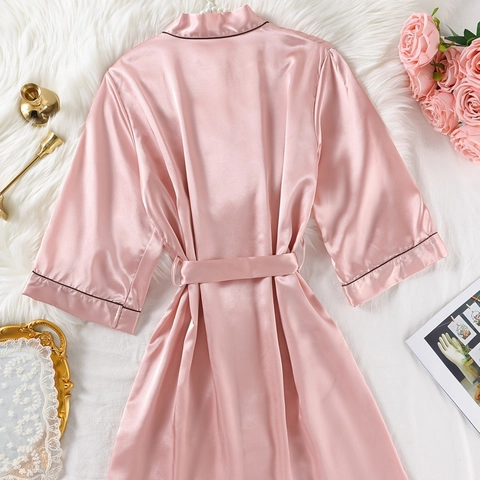 Women Elegant Pink Satin Robe Long Sleeve Bathrobe Contrast Piping Belted V Neck Silk Like Kimono Homewear Nightgown