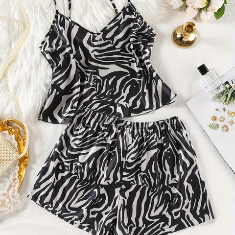 Pigiama da Donna in Raso con Stampa Zebra Top Canotta e Pantaloncini Abbigliamento da Casa Sexy Senza Maniche
