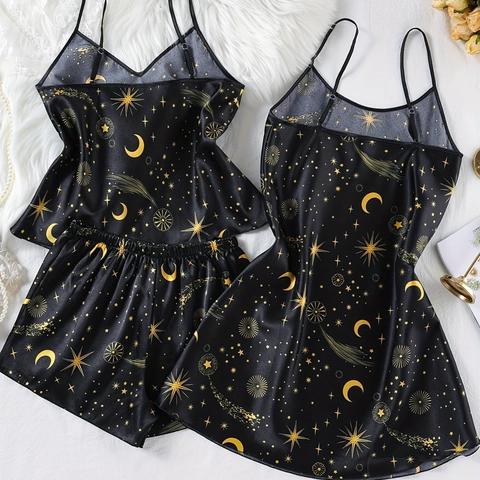 Damen Schwarz Satin Schlafanzug-Set Mit Cami-Top Shorts Nachthemd Mond Sterne Druck V-Ausschnitt Ärmellos Weich Homewear Nachtwäsche