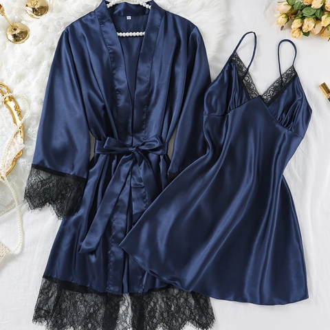 Elegante Camisón Y Bata De Satén Azul Marino Para Mujer Vestido De Tirantes Con Cuello En V Y Ribete De Encaje Negro Loungewear