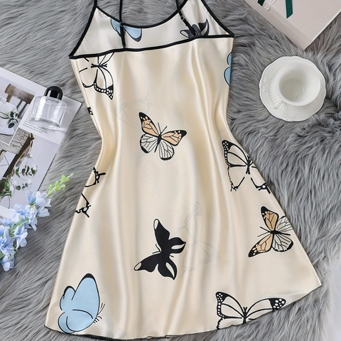 Women's Butterfly Print Satin Nightdress Contrast Binding V-Neck Spaghetti Strap Sleepwear Midi Slip Dress For Home