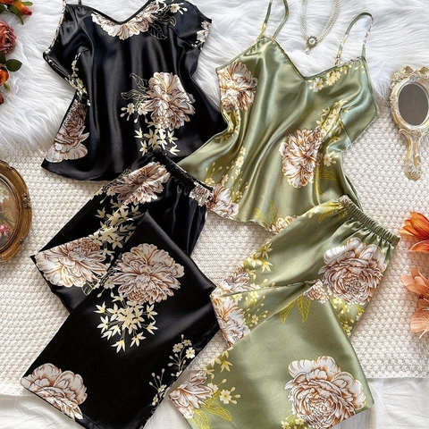 Women's Floral Print Satin Pajama Set Sexy V-Neck Cami Top And Long Pants Two Piece Sleepwear Set Comfortable Loungewear