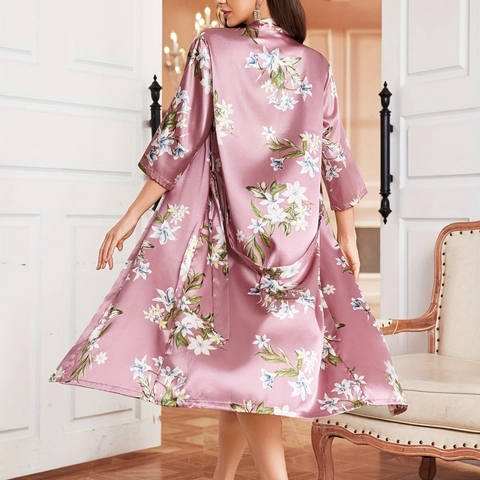Ensemble Pyjama en Satin Floral pour Femmes Élégant Rose Cami Robe Et Peignoir Vêtements de Nuit Respirants Confortables Maison