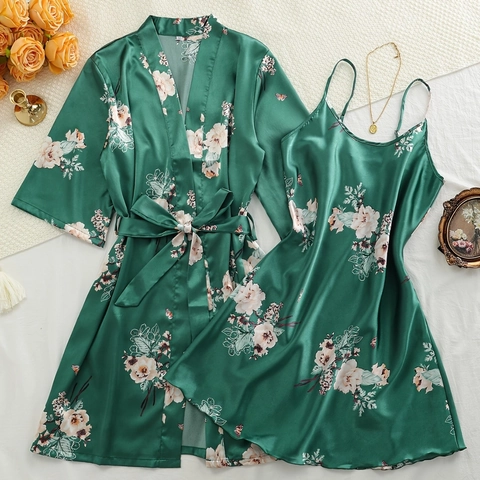 Ensemble de Nuit Élégant en Satin Floral pour Femmes Avec Peignoir et Robe de Nuit Vert Émeraude Kimono Avec Ceinture