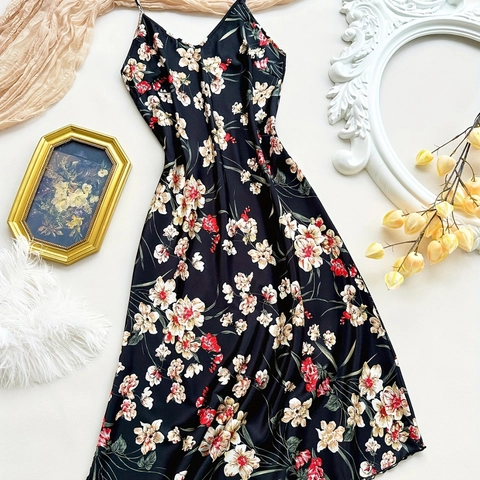 Damen Sexy Floral Satin Nachthemd V Ausschnitt Spaghettiträger Rückenfrei Schlafbekleidung Sommer Nachtkleid Hausanzug Langes Kleid
