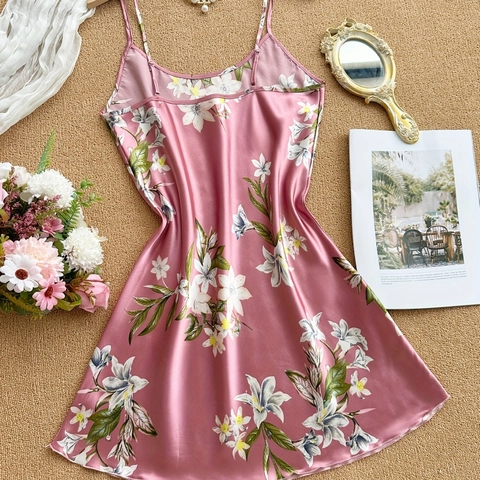 Nuisette Sexy en Satin Imprimé Lys pour Femmes Bretelles Spaghetti Vêtement de Nuit Robe Sottile Polyester Loisirs Maison