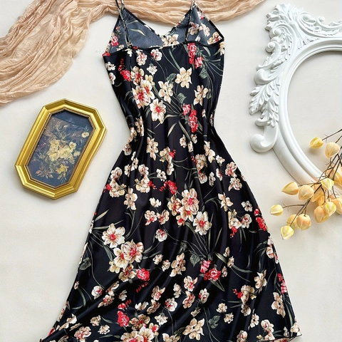 Damen Sexy Floral Satin Nachthemd V Ausschnitt Spaghettiträger Rückenfrei Schlafbekleidung Sommer Nachtkleid Hausanzug Langes Kleid