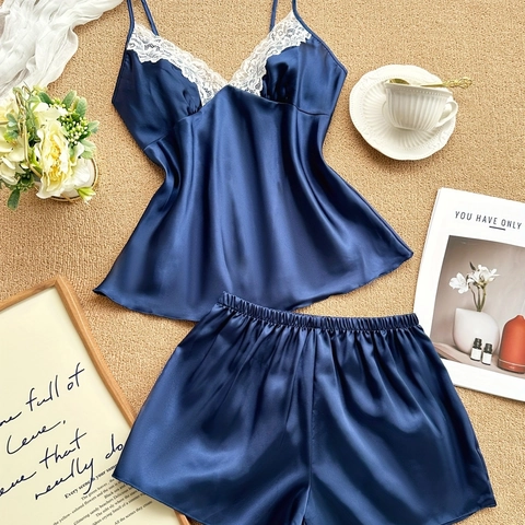 Damen Satin Pyjama Set mit Spitzenbesatz V-Ausschnitt Spaghettiträger Camisole und Shorts Nachtwäsche Zweiteiler Marineblau