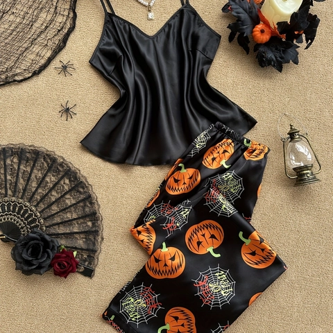Ensemble Pyjama Satin Halloween Femmes Caraco Col V Sexy et Pantalon Long à Imprimé Citrouille et Toile d'Araignée