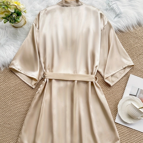 Vestaglia da Donna Sexy in Raso Scollo a V Tinta Unita Oro Champagne Kimono Corto Accappatoio Con Cintura in Vita