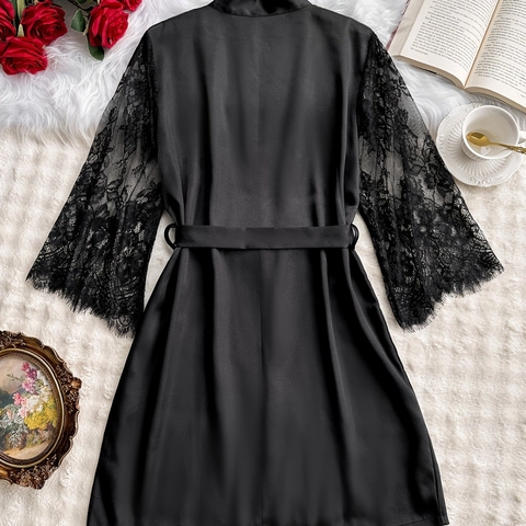 Bata Sexy de Satén y Encaje para Mujer Negro Malla Manga Larga Cuello en V Camisón Color Sólido Ropa de Estar por Casa con Cinturón