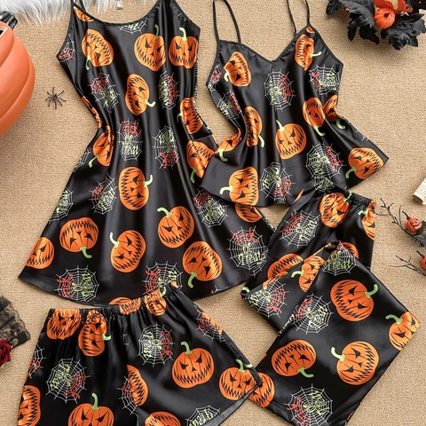 Women Halloween Pajamas Satin Cami Top Shorts Pants Nightgown Set Pumpkin Spiderweb Print Sleepwear Home Lounge Wear