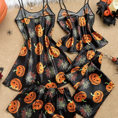 Women Halloween Pajamas Satin Cami Top Shorts Pants Nightgown Set Pumpkin Spiderweb Print Sleepwear Home Lounge Wear