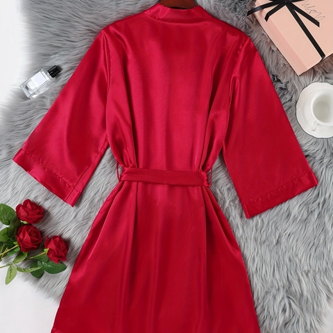 Women's Sexy Satin Robe Solid Color V-Neck Sleepwear With Adjustable Belt Three-Quarter Sleeve Nightgown For Home Daily