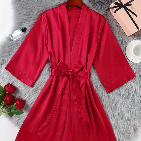 Women's Sexy Satin Robe Solid Color V-Neck Sleepwear With Adjustable Belt Three-Quarter Sleeve Nightgown For Home Daily