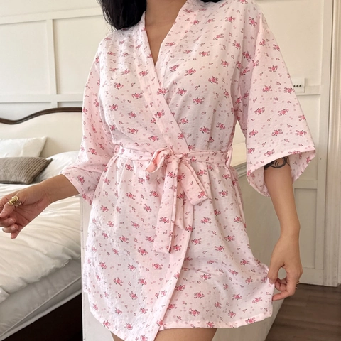 Peignoir Kimono Floral pour Femme en Polyester Court Imprimé Vêtements de Nuit Avec Ceinture pour la Maison Décontracté