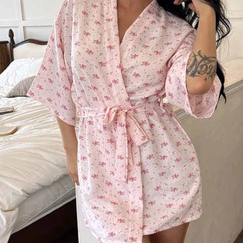 Peignoir Kimono Floral pour Femme en Polyester Court Imprimé Vêtements de Nuit Avec Ceinture pour la Maison Décontracté