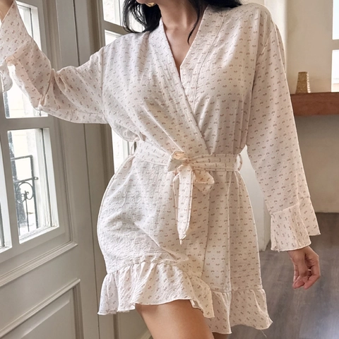 Women Satin Polyester Robe Sweet Pink Bow Print Ruffle Hem V Neck Belted Kimono Loungewear Long Sleeve Bathrobe For Home
