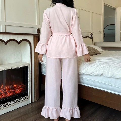 Ensemble De Pyjama Femme Haut Et Pantalon Tenue De Détente Manches Longues Haut Cache-Cœur Pantalon À Volants Rose Seersucker Polyester