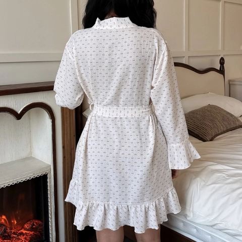 Women Satin Polyester Robe Sweet Pink Bow Print Ruffle Hem V Neck Belted Kimono Loungewear Long Sleeve Bathrobe For Home