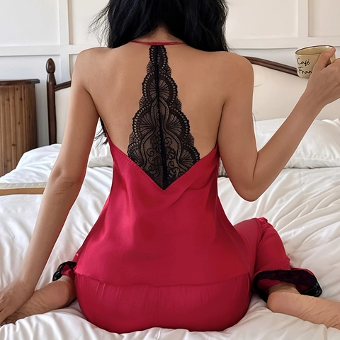 Conjunto de Pijama de Satén Rojo para Mujer Retazos de Encaje Tirantes de Espagueti Cuello en V Y Pantalón Largo