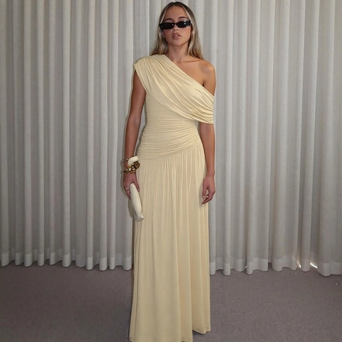Damen Sexy Ein Schulter Gerafft Maxi Kleid Elegant Unregelmäßiger Saum Strickstoff Einfarbig Plissiert Abendkleid