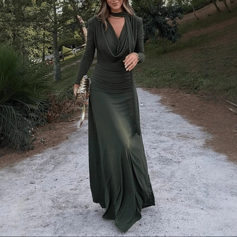Elegant Cowl Neck Ruched Maxi Dress For Women Solid Color Long Sleeve Slim Fit Draping Banquet Evening Party Long Dress