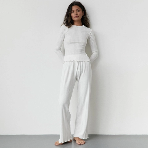 Ensemble de Pyjama Décontracté pour Femmes Jacquard Cœur Haut Et Bas À Manches Longues Tricot Côtelé Homewear