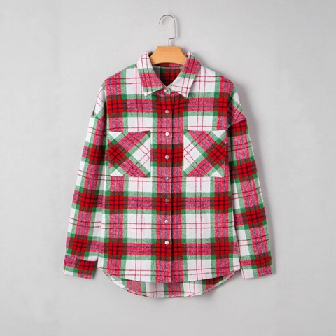 Women Casual Christmas Plaid Flannel Shacket Lapel Button Down Long Sleeve Shirt Coat With Pockets Autumn Winter Loose Top