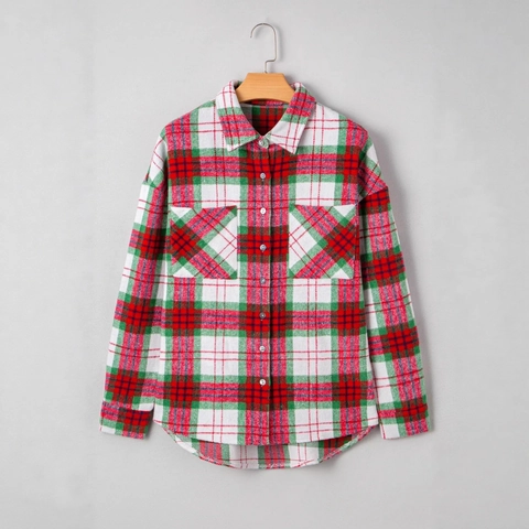 Chaqueta Camisa Casual de Cuadros de Navidad para Mujer Solapa con Botones Manga Larga Abrigo con Bolsillos Otoño Invierno Top Suelto
