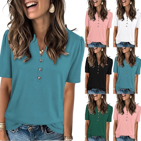 Women Henley V-Neck Short Sleeve T-Shirt Solid Color Puff Sleeve Casual Top With Buttons Polyester Viscose Elastane