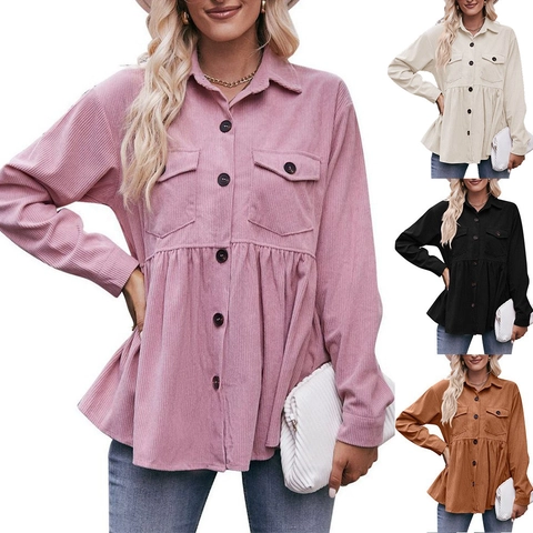 Blusa de Pana para Mujer con Dobladillo con Volantes Manga Larga Camisa con Solapa Chaqueta Top Color Sólido Casual Elegante