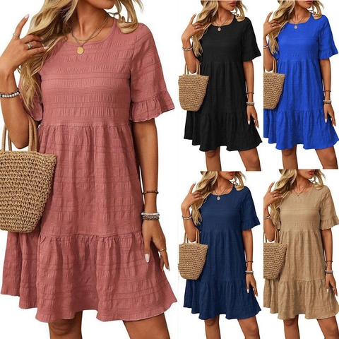 Women Ruffle Short Sleeve Tiered Mini Dress Smocked Textured Plaid Summer Vacation Flowy Round Neck A-Line Midi Dress