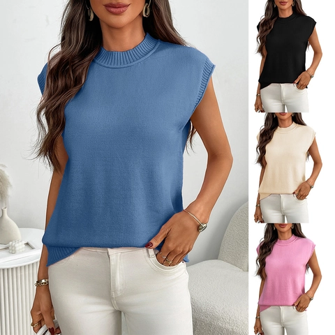Gilet in Maglia da Donna Casual Collo a Lupetto Senza Maniche Tinta Unita Pullover Elegante Maglieria