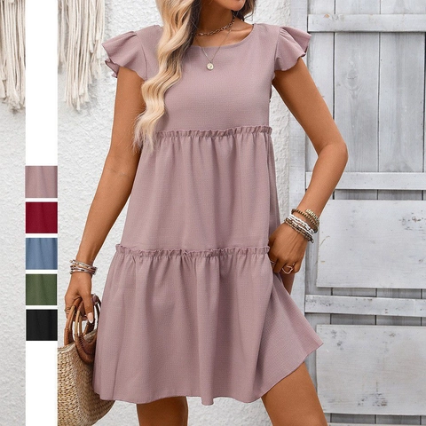 Women Summer Ruffle Sleeve Tiered Smock Mini Dress Boho Solid Color Round Neck Casual Layered Cake A-Line Vacation Dress