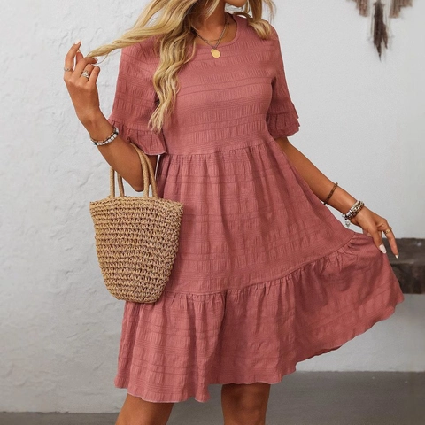 Women Ruffle Short Sleeve Tiered Mini Dress Smocked Textured Plaid Summer Vacation Flowy Round Neck A-Line Midi Dress
