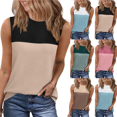 Women's Casual Ribbed Knit Tank Top Sleeveless Round Neck Color Block Contrast Patchwork Summer Sleeveless Vest Tops