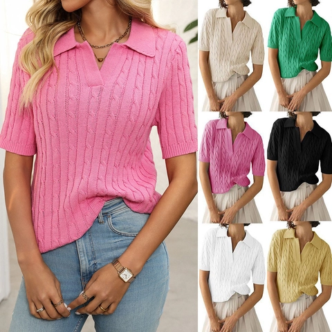 Damen Casual Zopfmuster Kurzarm Polo Shirt V-Ausschnitt Revers Einfarbig Atmungsaktive Schlanke Pullover Strickwaren Oberteile