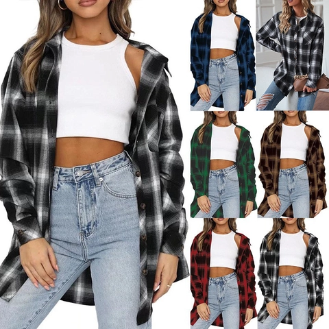 Camicie a Quadri da Donna con Bottoni Oversized a Maniche Lunghe Casual Streetwear Stile Boyfriend Camicia di Flanella con Tasca