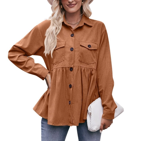 Women Corduroy Peplum Blouse Long Sleeve Button Down Shirt Ruffle Hem Lapel Jacket Top Solid Color Casual Elegant Shacket