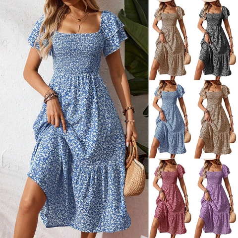 Damen Smocked Eckiger Ausschnitt Blumen Maxi Kleid Sommer Rüschenärmel Boho Gestuftes A-Linie Strand Urlaub Langes Kleid