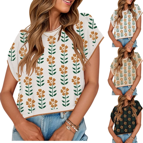 Women Vintage Floral Knit Short Sleeve Top Round Neck Contrast Trim Summer Casual Lightweight Crop Sweater Shirt