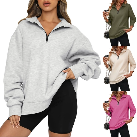 Women Casual Half Zip Sweatshirt Long Sleeve Drop Shoulder Pullover Ribbed Trim Solid Color Fashion Fleece Hoodie Top