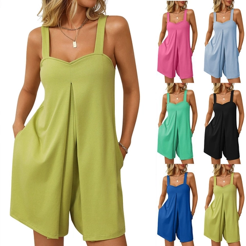 Women's Casual Sleeveless Romper V Neck Pleated Jumpsuit With Pockets Loose Fashion Summer Playsuit For Women