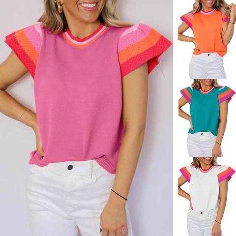 Women Sweet Flutter Sleeve Knitted Top Contrast Stripe Round Neck Short Sleeve Summer Sweater Elegant Pullover Knitwear