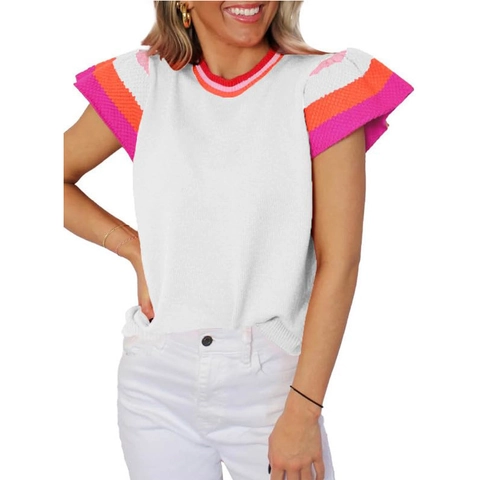 Women Sweet Flutter Sleeve Knitted Top Contrast Stripe Round Neck Short Sleeve Summer Sweater Elegant Pullover Knitwear