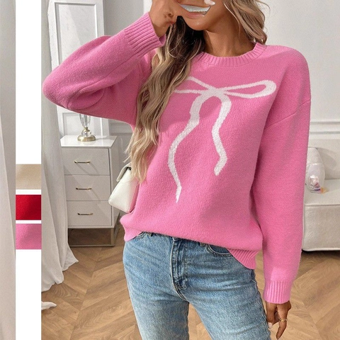Maglione Donna Girocollo Manica Lunga Jacquard Fiocco Vintage Casual Largo Morbido Pullover Primavera Autunno Maglieria