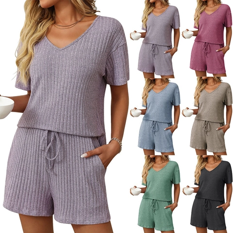 Conjunto de Pijama de Punto Acanalado para Mujer Cuello en V Top de Manga Corta Y Pantalones Cortos con Cordón