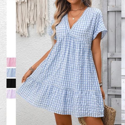 Women's Casual Gingham V Neck Short Flutter Sleeve Tiered Ruffle Mini Dress Loose Fit Summer Bohemian Plaid Sundress
